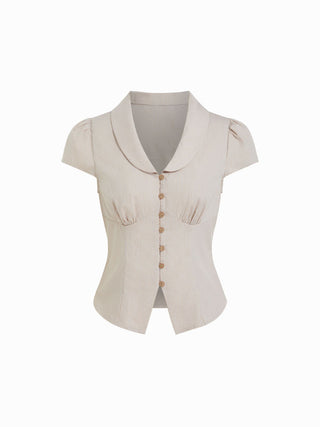 100% Cotton Notched Collar Puff Sleeve Ruched Button Through Blouse