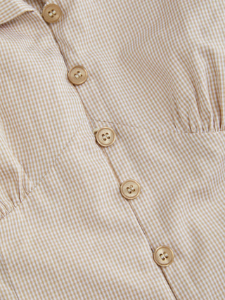 100% Cotton Notched Collar Puff Sleeve Ruched Button Through Blouse