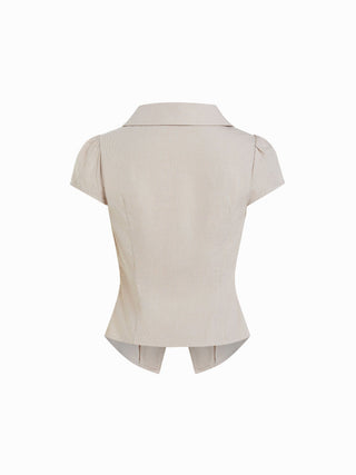 100% Cotton Notched Collar Puff Sleeve Ruched Button Through Blouse