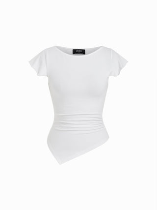 Cotton-blend Boat Neck Ruffle Sleeve Ruched Asymmetrical Hem Tee