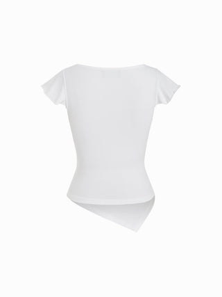 Cotton-blend Boat Neck Ruffle Sleeve Ruched Asymmetrical Hem Tee