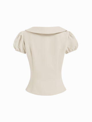 Woven Puff Sleeve Peter Pan Collar Button Front Blouse For Daily Casual Date
