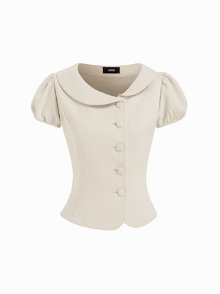 Woven Puff Sleeve Peter Pan Collar Button Front Blouse For Daily Casual Date