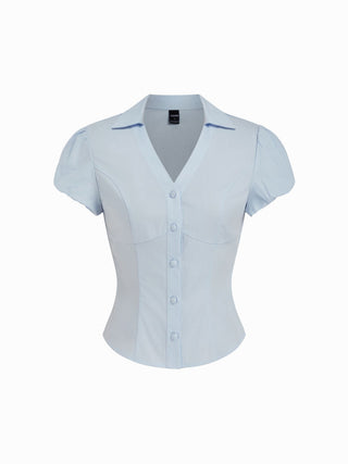 Cotton-blend Puff Sleeve Slim Crop Blouse