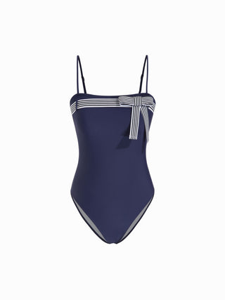 Square Neck Striped Bowknot One Piece Swimsuit