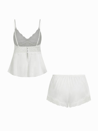 Satin V-neck Lace Trim Cami Top & Mid Rise Lace Hem Shorts Loungewear Set
