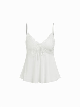 Satin V-neck Lace Trim Cami Top & Mid Rise Lace Hem Shorts Loungewear Set