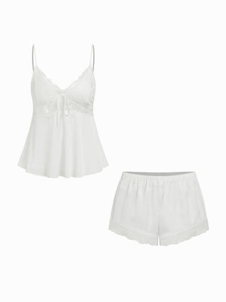 Satin V-neck Lace Trim Cami Top & Mid Rise Lace Hem Shorts Loungewear Set