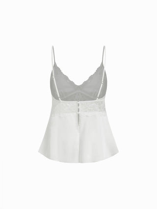 Satin V-neck Lace Trim Cami Top & Mid Rise Lace Hem Shorts Loungewear Set