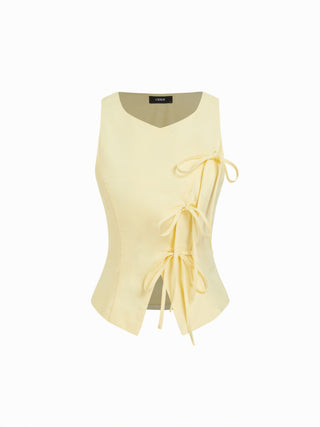 Linen-blend Sweetheart Asymmetrical Bowknot Blazer Vest