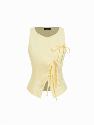 Linen-blend Sweetheart Asymmetrical Bowknot Blazer Vest