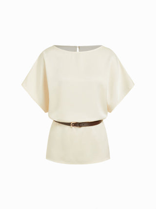 Satin Boat Neck Batwing Sleeve Oversized Blouse With Belt