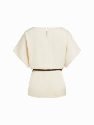 Satin Boat Neck Batwing Sleeve Oversized Blouse With Belt