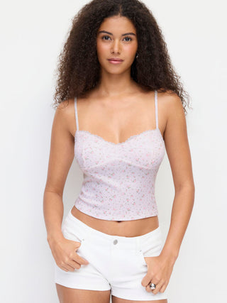 Textured Floral V-neck Lace Trim Cami Top