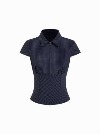 Woven Cotton-blend Stripes Collar Zip Front Short Sleeve Blouse For Daily Casual Work