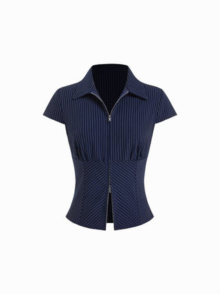 Woven Cotton-blend Stripes Collar Zip Front Short Sleeve Blouse For Daily Casual Work