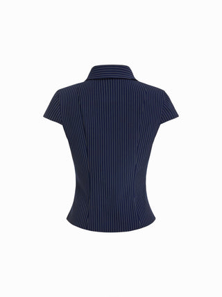 Woven Cotton-blend Stripes Collar Zip Front Short Sleeve Blouse For Daily Casual Work