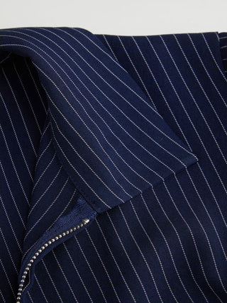 Woven Cotton-blend Stripes Collar Zip Front Short Sleeve Blouse For Daily Casual Work