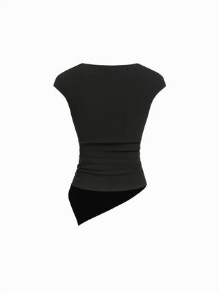Textured Cut Out Drawstring Ruched Asymmetrical Hem Short Sleeve Top