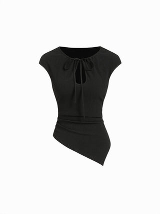 Textured Cut Out Drawstring Ruched Asymmetrical Hem Short Sleeve Top