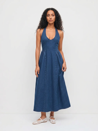 Stretch Denim Halter Neckline Washed A-line Maxi Dress