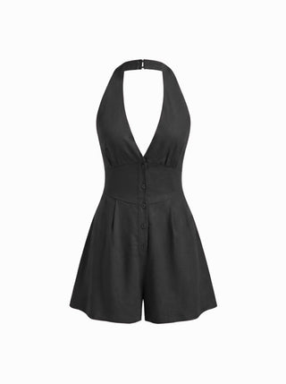 Linen-blend V-neck Button Bowknot Backless Romper