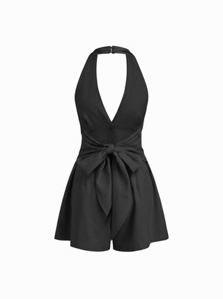 Linen-blend V-neck Button Bowknot Backless Romper