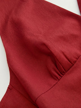 Linen-blend V-neck Button Bowknot Backless Romper