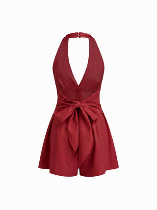 Linen-blend V-neck Button Bowknot Backless Romper