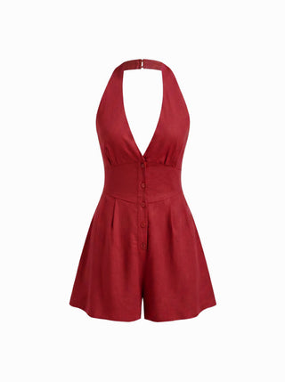 Linen-blend V-neck Button Bowknot Backless Romper