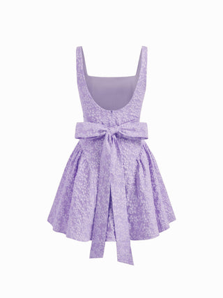 Jacquard U-neckline Floral Backless Bowknot Mini Dress