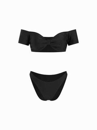 Off-shoulder Bowknot Tube top Low Rise Cheeky Bikini Set