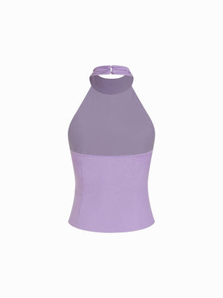 Linen-blend Halter Neck Ruched Backless Tank Top