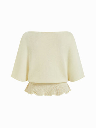 Knit Boat Neck Batwing Sleeve Ruffled Top