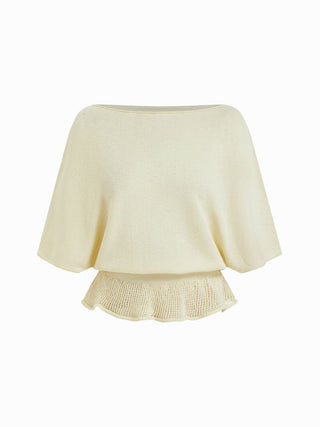 Knit Boat Neck Batwing Sleeve Ruffled Top