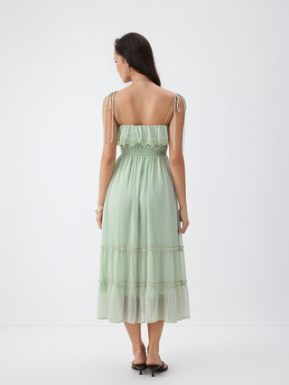 Chiffon Ruched Lace Trim Ruffled Tiered A-line Maxi Dress