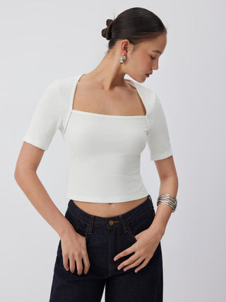 Knit Fabric Cotton-blend Square Neck Scallop Trim Short Sleeve Tee For School Daily Casual