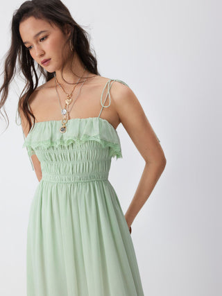 Chiffon Ruched Lace Trim Ruffled Tiered A-line Maxi Dress