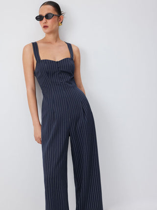 Woven Striped Sweetheart Neck Criss Cross Mid Rise Wide Leg Jumpsuit For Daily Casual Work