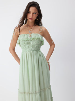 Chiffon Ruched Lace Trim Ruffled Tiered A-line Maxi Dress