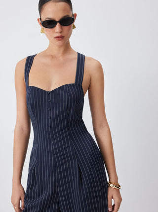 Woven Striped Sweetheart Neck Criss Cross Mid Rise Wide Leg Jumpsuit For Daily Casual Work