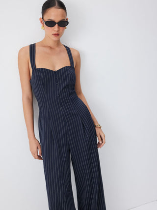 Woven Striped Sweetheart Neck Criss Cross Mid Rise Wide Leg Jumpsuit For Daily Casual Work