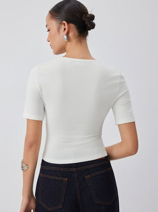Knit Fabric Cotton-blend Square Neck Scallop Trim Short Sleeve Tee For School Daily Casual