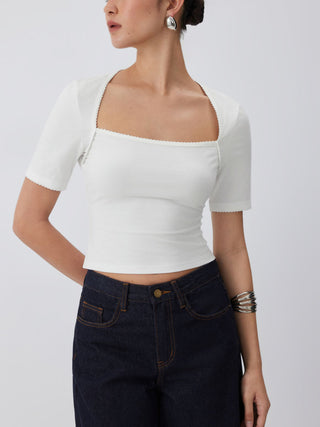 Knit Fabric Cotton-blend Square Neck Scallop Trim Short Sleeve Tee For School Daily Casual