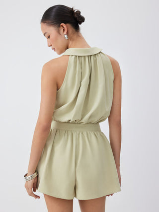 High Neck Mid Rise Ruched Romper