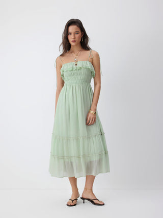 Chiffon Ruched Lace Trim Ruffled Tiered A-line Maxi Dress
