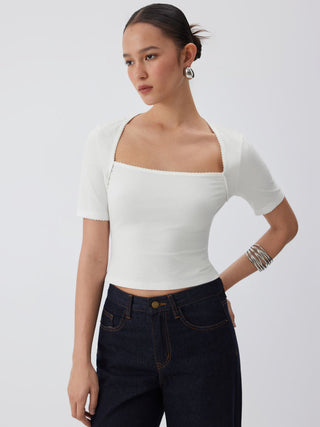 Knit Fabric Cotton-blend Square Neck Scallop Trim Short Sleeve Tee For School Daily Casual