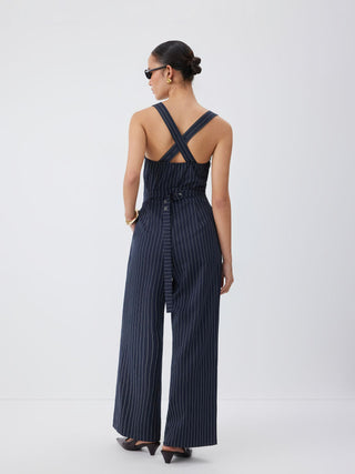 Woven Striped Sweetheart Neck Criss Cross Mid Rise Wide Leg Jumpsuit For Daily Casual Work