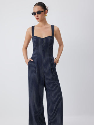Woven Striped Sweetheart Neck Criss Cross Mid Rise Wide Leg Jumpsuit For Daily Casual Work