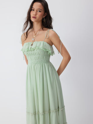 Chiffon Ruched Lace Trim Ruffled Tiered A-line Maxi Dress